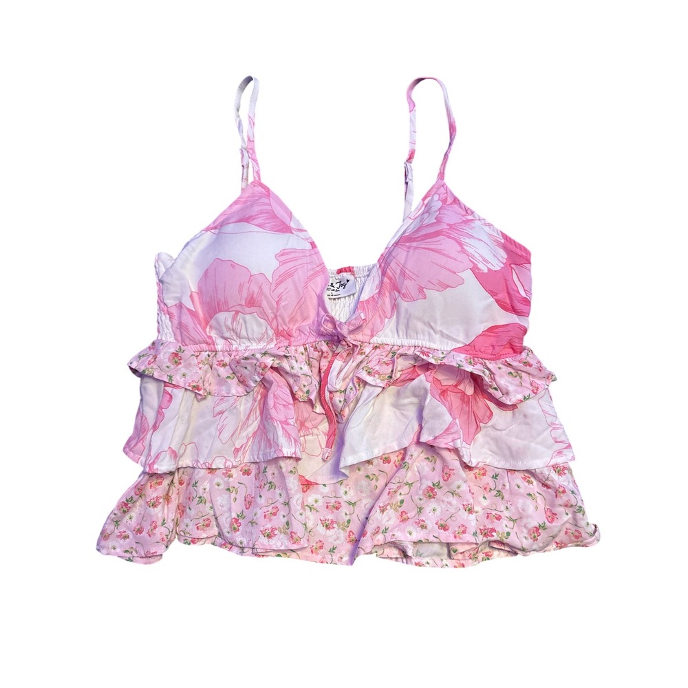 Jolie & Joy Pink Floral Ruffle Babydoll Cami Tank Top Coquette Y2K Large